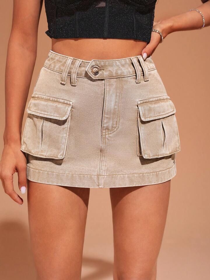 SHEIN BAE Flap Pocket Denim Skirt | SHEIN