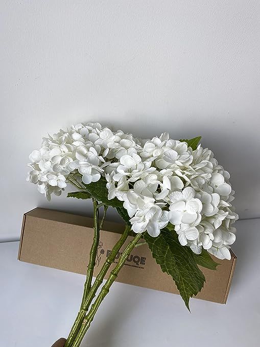 RUZUQE 3 Pcs 21in White Artificial Hydrangea Flower Natural Lifelike Real Touch Faux Large Royal ... | Amazon (US)