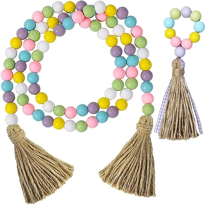 Easter Beads Garland with Tassel, 2 Pack Spring Wood Bead Garlands, Wooden Beaded Easter Boho Dec... | Amazon (US)