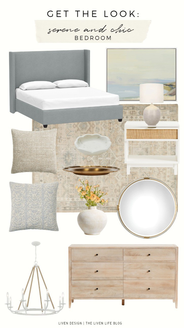 Serene and chic bedroom. Home decor. Upholstered bed. Painting. Wall decor. Neutral rug. Throw pillows. Marble dish. Catchall. Ceramic lamp. Dresser. Nightstand. Wall mirror. 

#LTKSeasonal #LTKHome #LTKSaleAlert