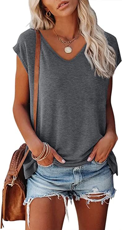 MIROL Women's Cap Sleeve Tank Tops U Neck Solid Color Casual Shirts Loose Fit Basic Blouse | Amazon (US)