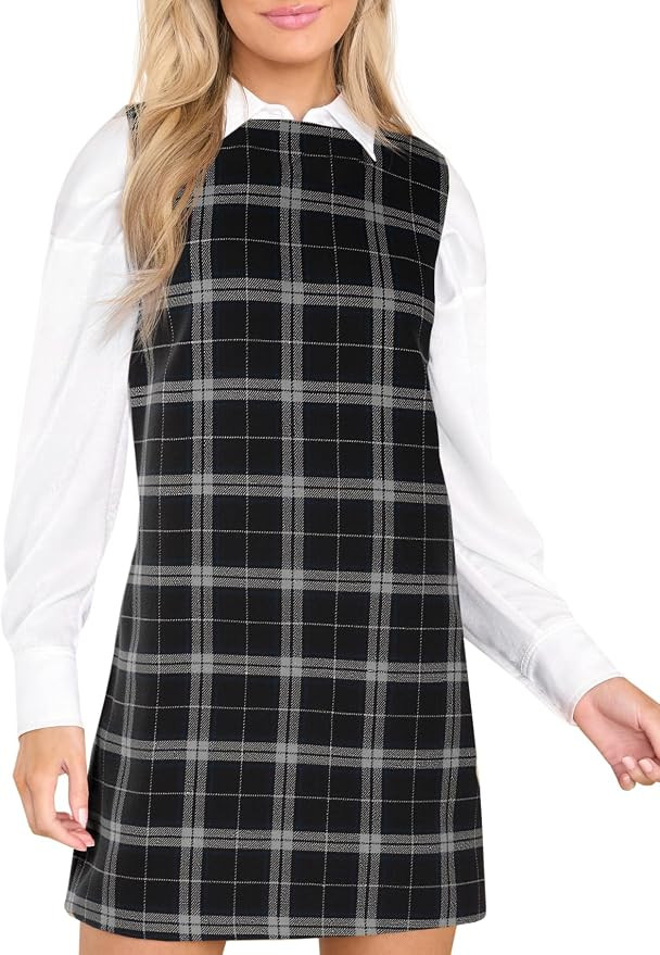 Wenrine Womens Plaid Overall Mini Dress Casual Sleeveless Round Neck A Line Short Fall Christmas ... | Amazon (US)