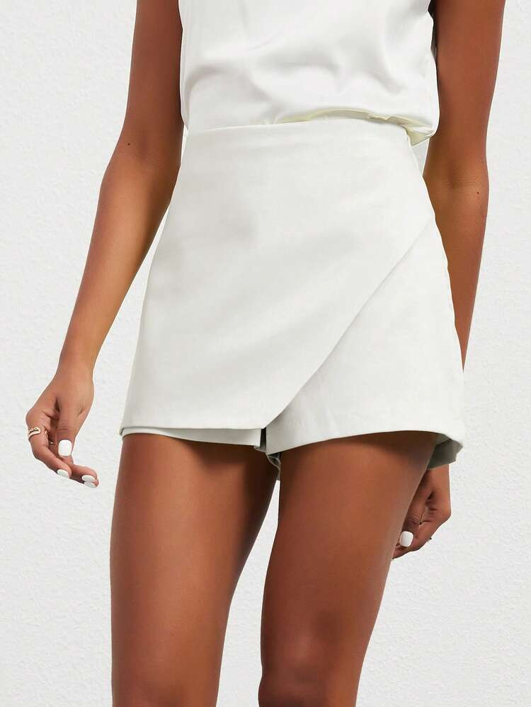 Se-Helo Fashionable Women's Casual Versatile Solid Color Asymmetric Skirt Shorts - White Summer | SHEIN