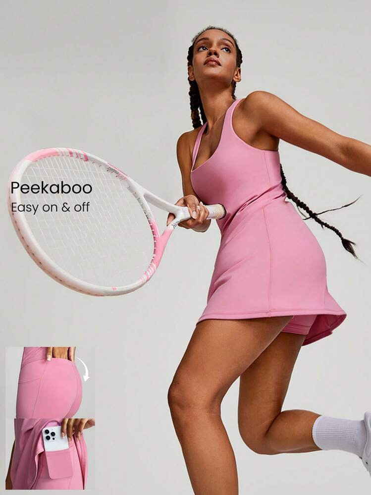 GLOWMODE FeatherFit™-Air Peekaboo Everyday Built-In Shorts Pocket Anti-Slip Dress Light Support Low Impact Yoga Studio Spring Dress Summer Quick Dry Moisture Wicking | SHEIN