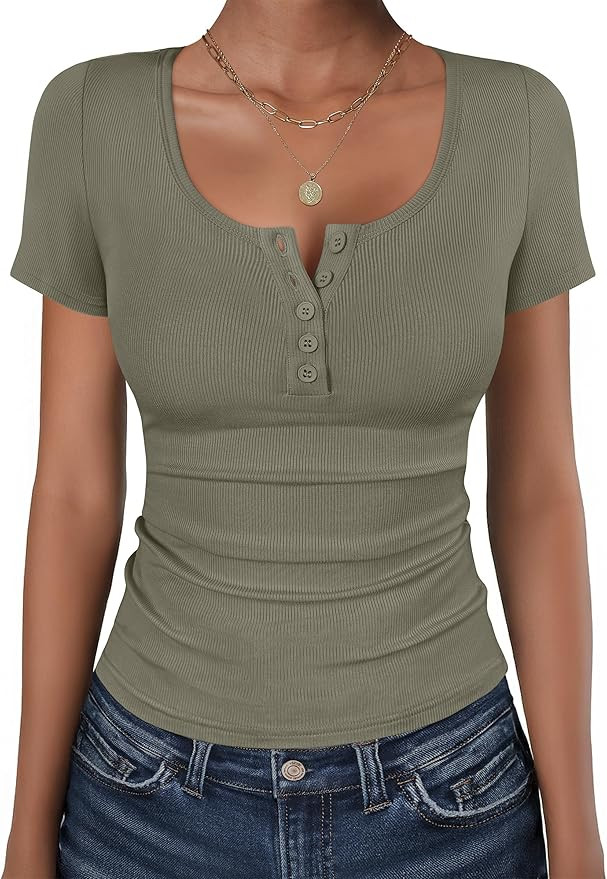 ANRABESS Womens Short Sleeve Henley Shirts Ribbed Slim Fitted Tee Summer Work Tops 2026 Button Bl... | Amazon (US)