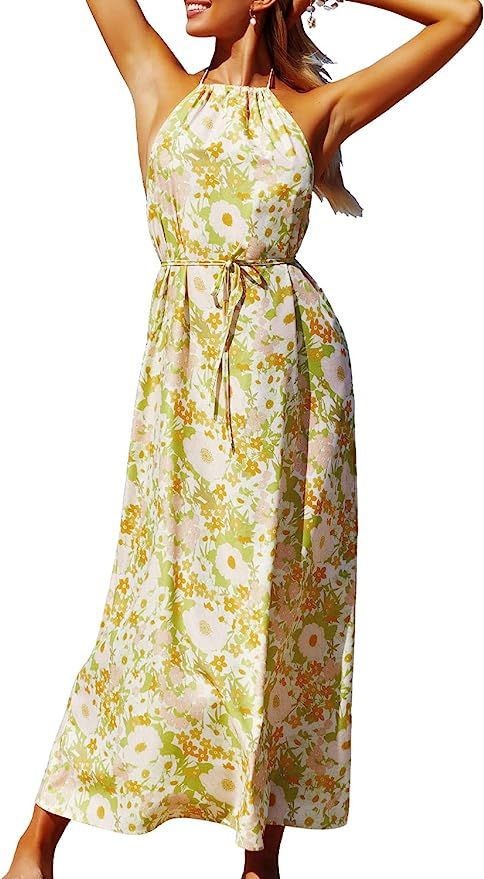 SouqFone Women's Summer Maxi Dresses Floral Print Halter Backless Long Dress Beach Sundress | Amazon (US)