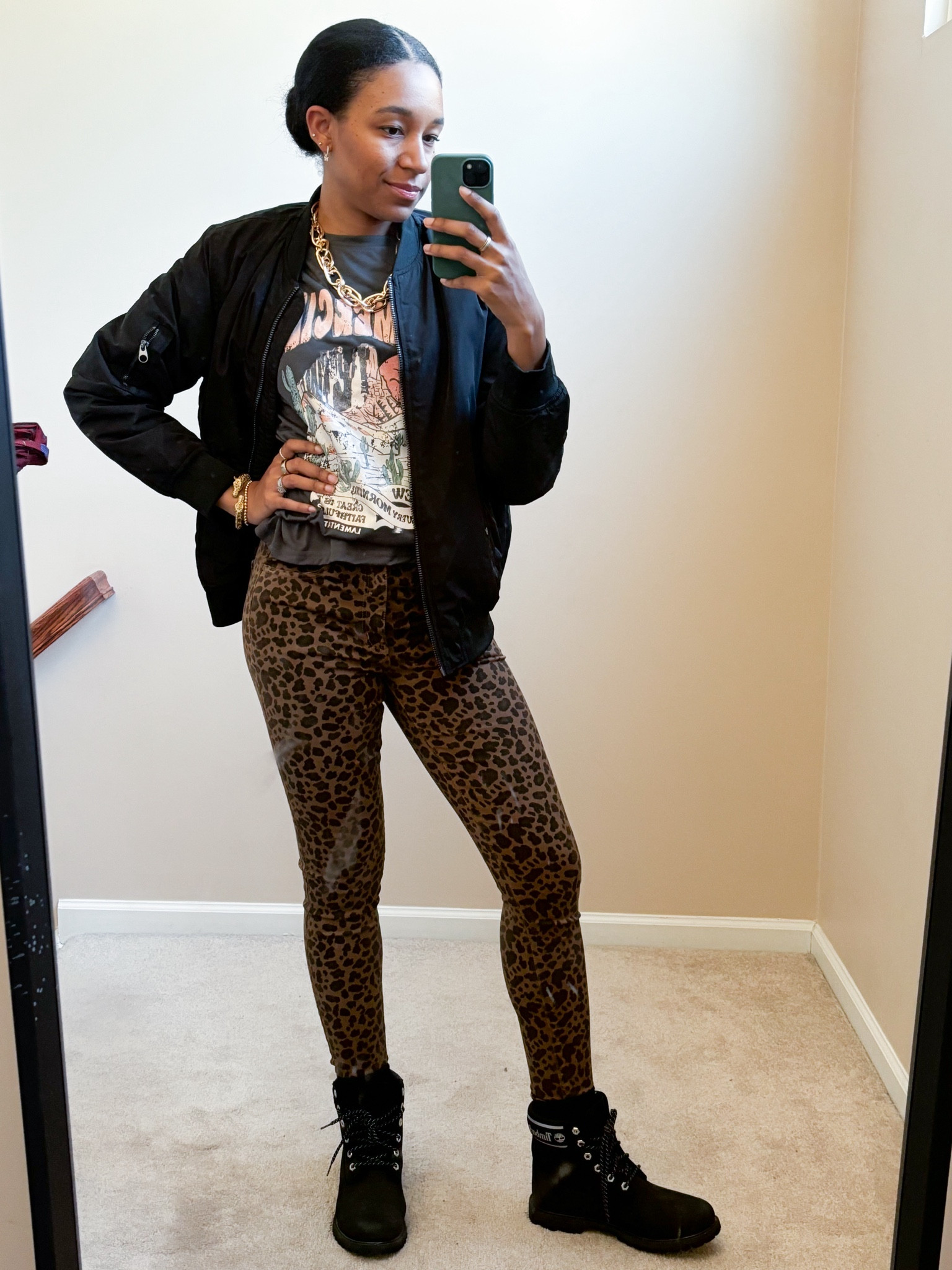 Rocking the urban jungle vibe today with leopard pants and a sleek bomber jacket. 🐆🧥 Who says style can't be fierce and comfy at the same time? #StreetStyle #LeopardPrint #BomberJacket

#LTKSeasonal #LTKfindsunder50 #LTKstyletip