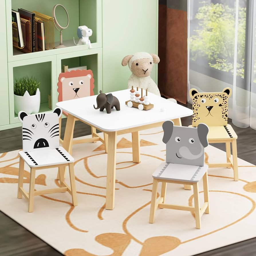 Cute Table with 4 Chairs Set, 5 Pieces Cartoon Animals Drawing Play Table and Chair Set Activity ... | Amazon (US)