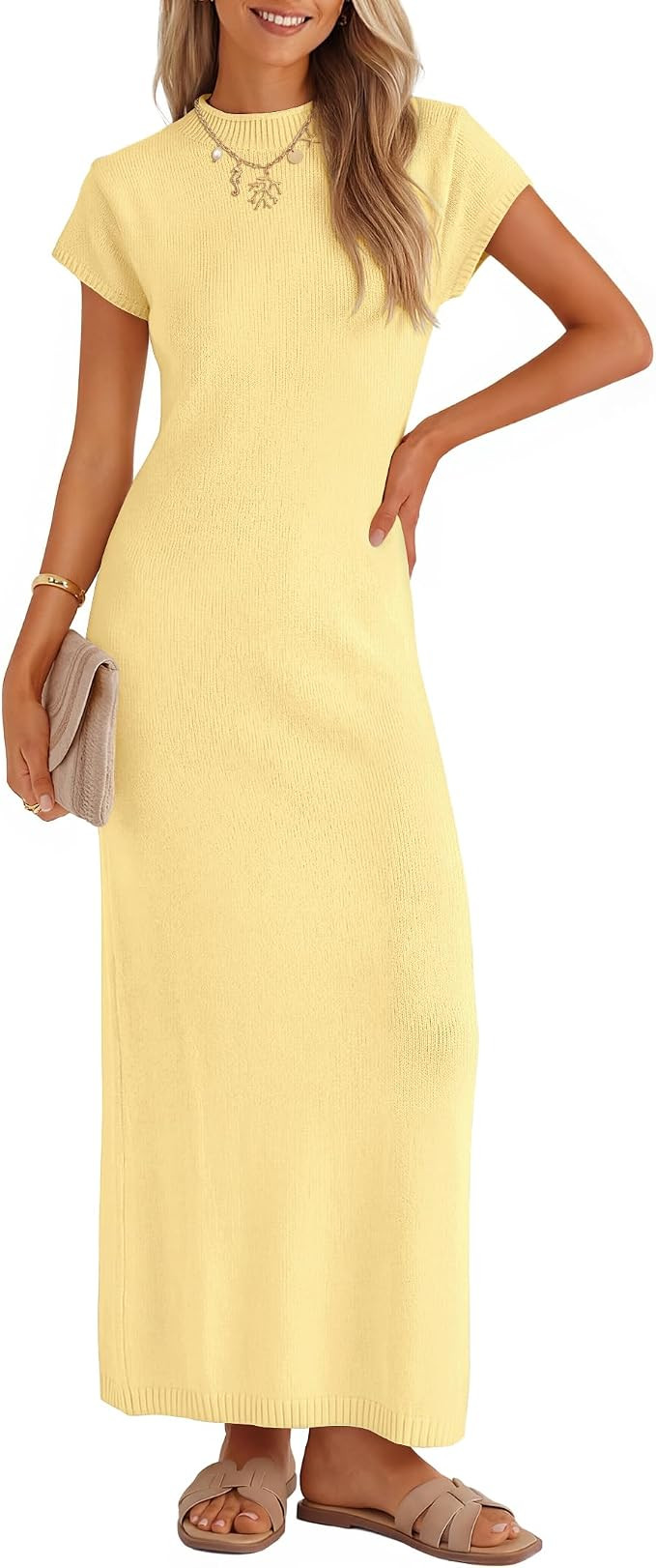 ZESICA Womens Summer Bodycon Maxi Dress 2026 Business Casual Short Sleeve Crewneck Knit Slit Spri... | Amazon (US)