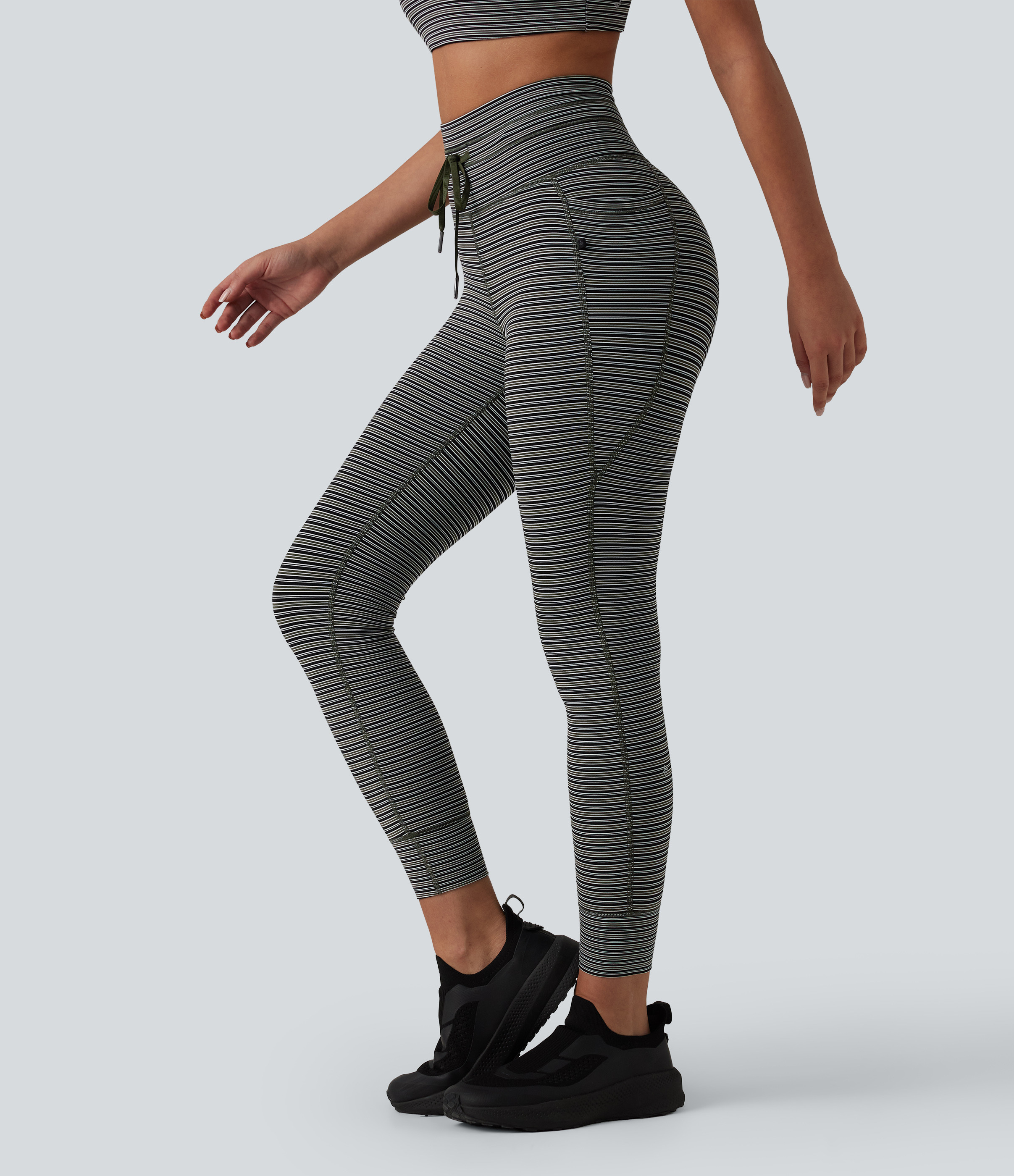 Halara Halara UltraSculpt™ Jacquard Stripe High Waisted Drawstring Yoga Leggings with Pockets  - Nightwood Stripe - L(7/8) gym leggings | HALARA