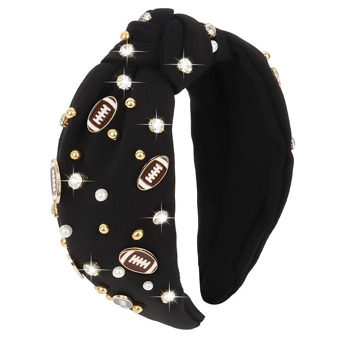 YARIEW Football Headbands for WomenPearl Rhinestone Jeweled Knotted Headband for Women Fashion Headband Wide Game Day Sports Hair Accessories Gift for Football Mom Fans Christmas (Black) | Amazon (US)