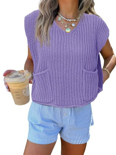 Saodimallsu Womens Summer Cap Sleeve Tops V Neck Chunky Knit Loose Knitted Top Lightweight Cropped Sweater Vest Purple | Amazon (US)