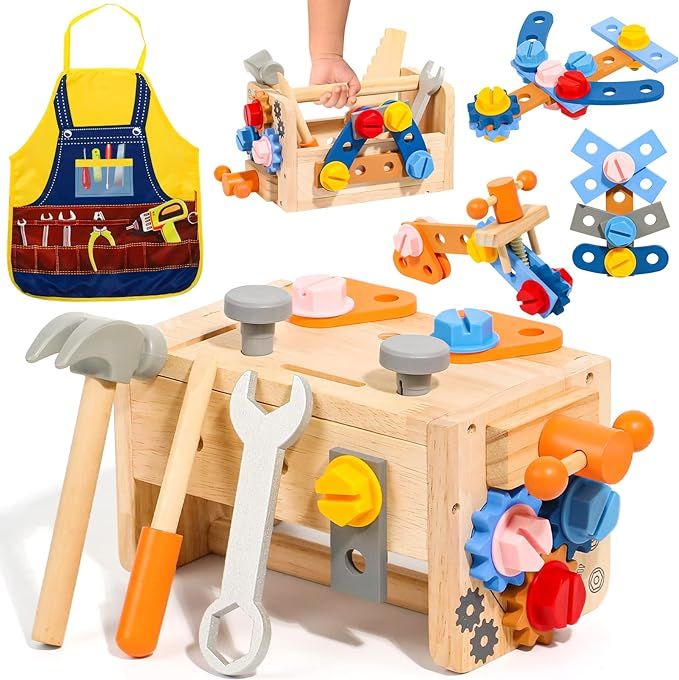 TONZE Kids Tool Set with Apron, Wooden Toddler Tool Bench Montessori Toys for 2 3 4 Year Old, 39 ... | Amazon (US)