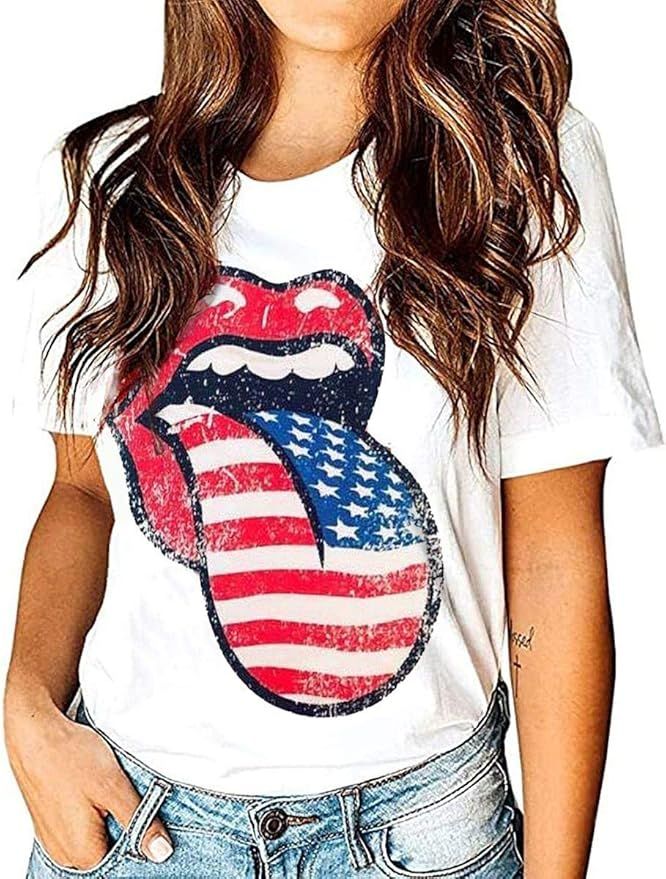 EIGIAGWNG Womens American Flag Lips T-Shirt Funny July 4th Independence Day Graphic Tees Tops | Amazon (US)