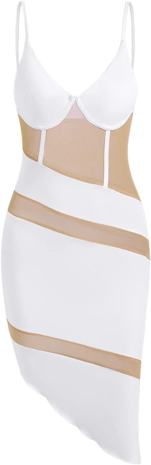 ZAFUL Women's Sleeveless Solid Bandage Sheer Mesh Wrap-tie Slinky Mini Dress | Amazon (US)