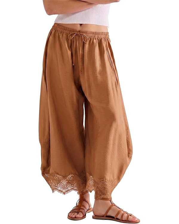 SeeLuNa Comfy Women's Pants Cropped Lace Hem Pants Summer Boho Drawstring High Rise Wide Leg Loun... | Amazon (US)