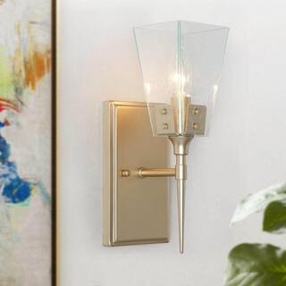 Modern Funnel Bathroom Vanity Light 1-Light Gold Square Bedroom Wall Light with Seeded Glass Shade | The Home Depot