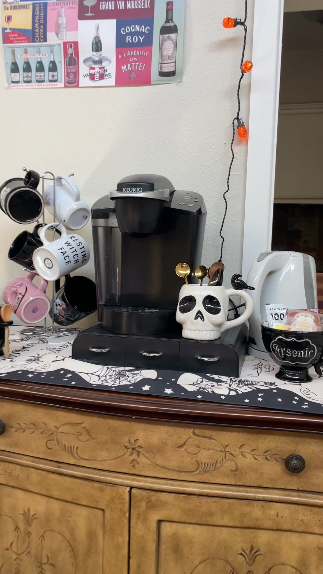 Halloween decor. Perfect for hosting. This set up includes a Keurig Standalone Frother and single cup coffee maker on top of drawers that hold the coffee pods. Mega Chef electric kettle auto turns off. Tea packs and coffee packs linked.

#LTKHalloween #LTKhome #LTKSeasonal