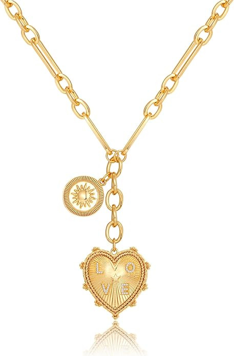 ORIGENCE Sun Heart Necklace for Women 18K Gold Plated Heart Pendent Necklace Chunky Chain Choker ... | Amazon (US)