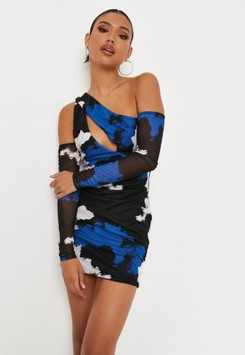 Missguided - Blue Tie Dye Mesh Cold Shoulder Cut Out Dress | Missguided (US & CA)