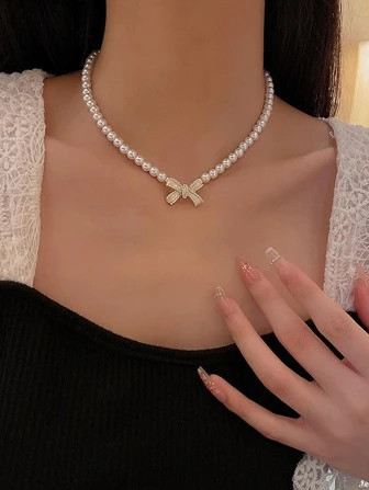 Strass Bow Decor Faux parel kralen ketting | SHEIN