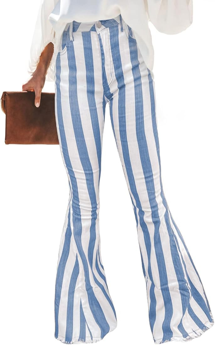 Sidefeel Womens Striped Bell Bottom Jeans Raw Hem Flared Denim Pants | Amazon (US)
