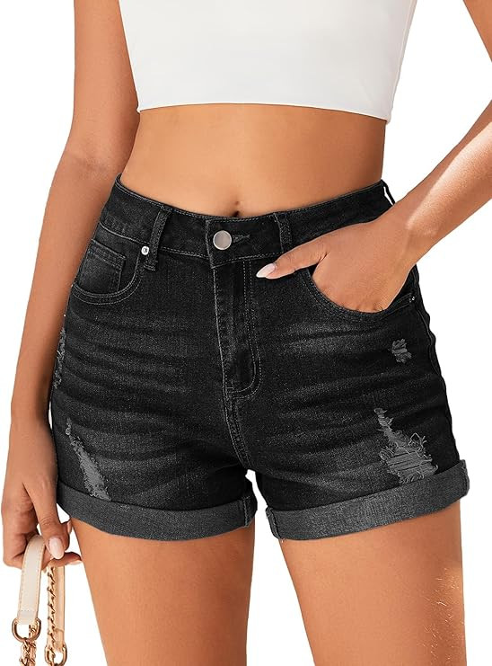 Women's Mid-High Rise Ripped Denim Shorts Stretchy Distressed Jean Shorts with Pockets Folded Hem... | Amazon (US)
