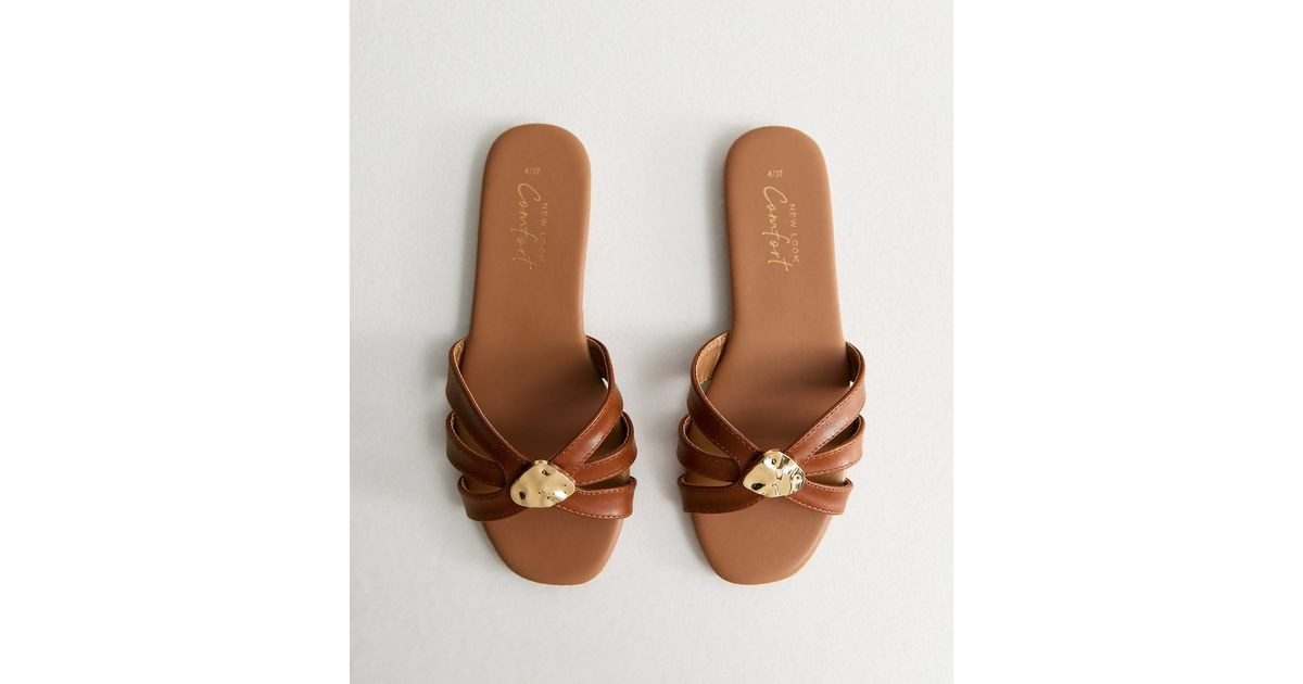 Tan Faux Leather Hammered Hardware Flat Mule Sandals | New Look | New Look (UK)