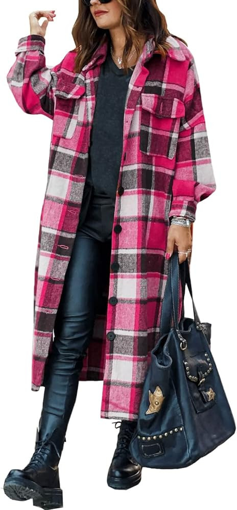 SKIKYAN Women Fall Flannel Plaid Shacket Jacket Oversized Button Down Long Shirt Jacket | Amazon (US)