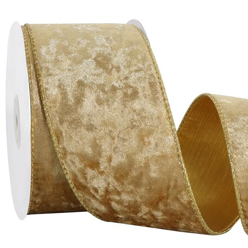 RIBBOOO Gold Velvet Wired Ribbon 2.5 Inch x 10 Yards Metallic Champagne Gold Crushed Velvet Christmas Ribbon for Gift Wrapping Christmas Tree Decoration Wedding Decor Crafts Wreaths Supplies | Amazon (US)