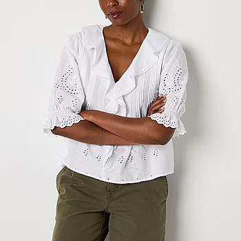 a.n.a Womens V Neck Short Sleeve Embroidered Blouse - JCPenney | JCPenney