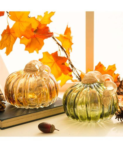 Glitzhome Green & Amber Crackle Glass Pumpkin Décor - Set of Two | Zulily