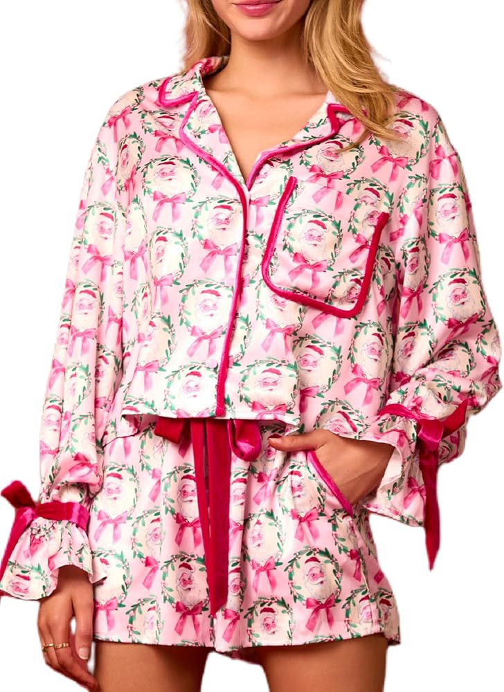 NUFIWI Christmas Cute Bow Pajama Sets for Women Tie Knot Buttons Shirt and Shorts Silk Print 2 Pi... | Amazon (US)