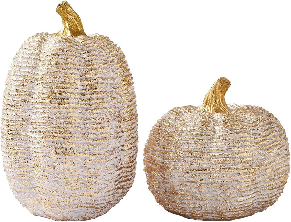 DN DECONATION Fall Pumpkin Decorations Table Centerpieces, 2Pcs White & Gold Artificial Pumpkins ... | Amazon (US)