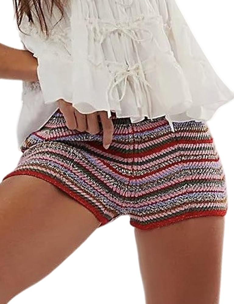Yimoon Women's Y2K Striped Crochet Knit Shorts Rainbow Color Block Elastic Waisted Comfy Lounge M... | Amazon (US)
