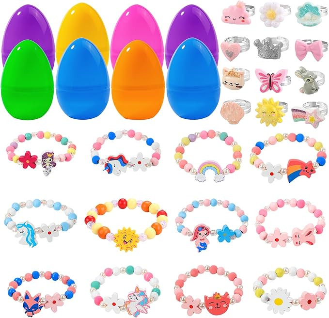12 Pack Prefilled Easter Eggs with 24pcs Bracelets Rings Easter Basket Stuffers Egg Fillers for G... | Amazon (US)