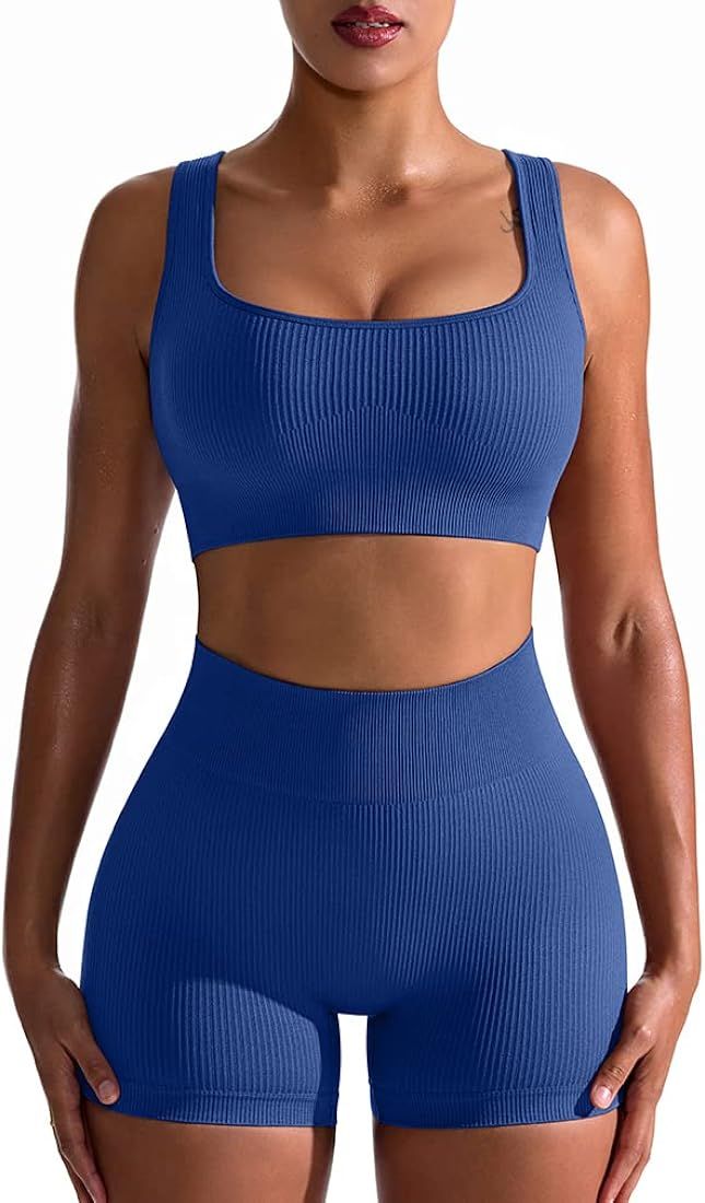 OQQ Workout Outfits for Women 2 Piece Seamless Ribbed High Waist Leggings with Sports Bra Exercis... | Amazon (US)
