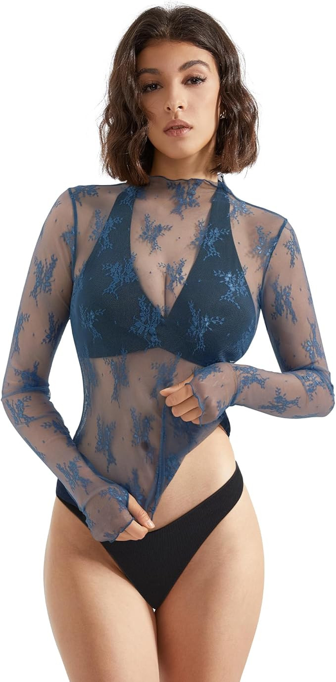 SUUKSESS Women Sexy Mesh Sheer Long Sleeve Tops Mock Neck Going Out Lace Shirts | Amazon (US)