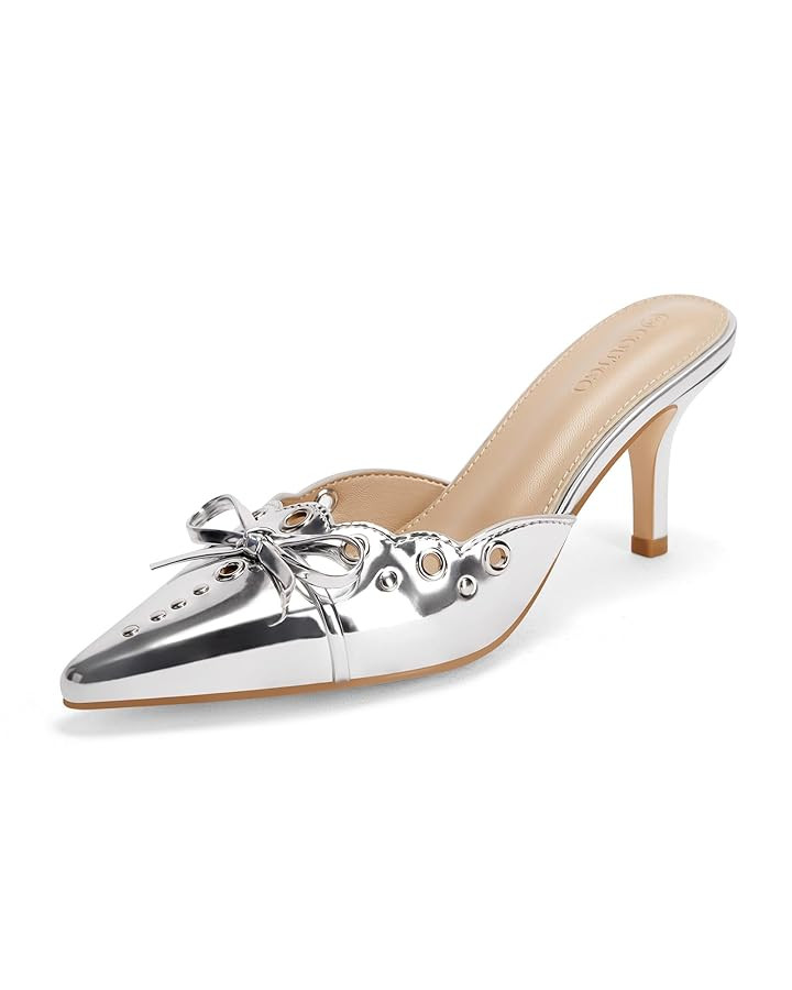 Coutgo Women's Bow Tie Mule Heels Pointed Toe Studded Backless Stilettos Slip On Dress Pump Shoes | Amazon (US)