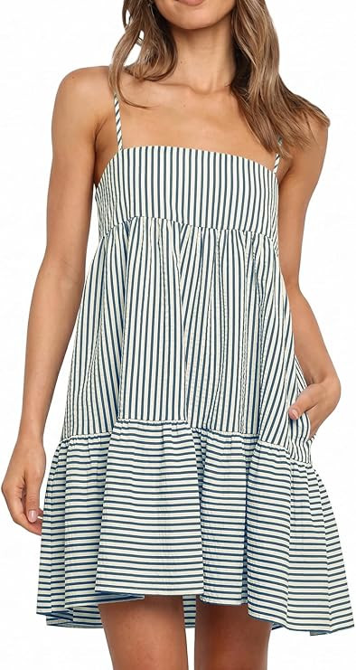 Wenrine Womens Summer Striped Mini Dress Casual Spaghetti Strap Sleeveless A Line Beach Sundress ... | Amazon (US)