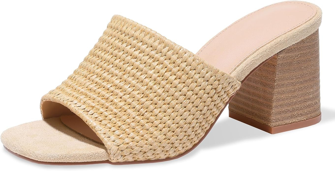 Ancomafio Heeled Sandals for Women，Raffia Sandals 2025 Chunky Heels Square Toe Mules Block Summ... | Amazon (US)