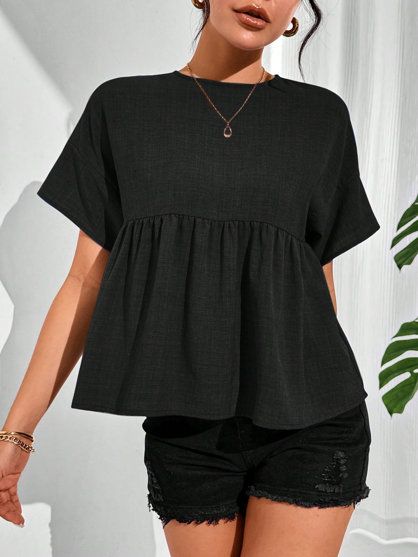 SHEIN Essnce Women Summer Solid Color Round Neck Short Sleeve Loose Blouse | SHEIN