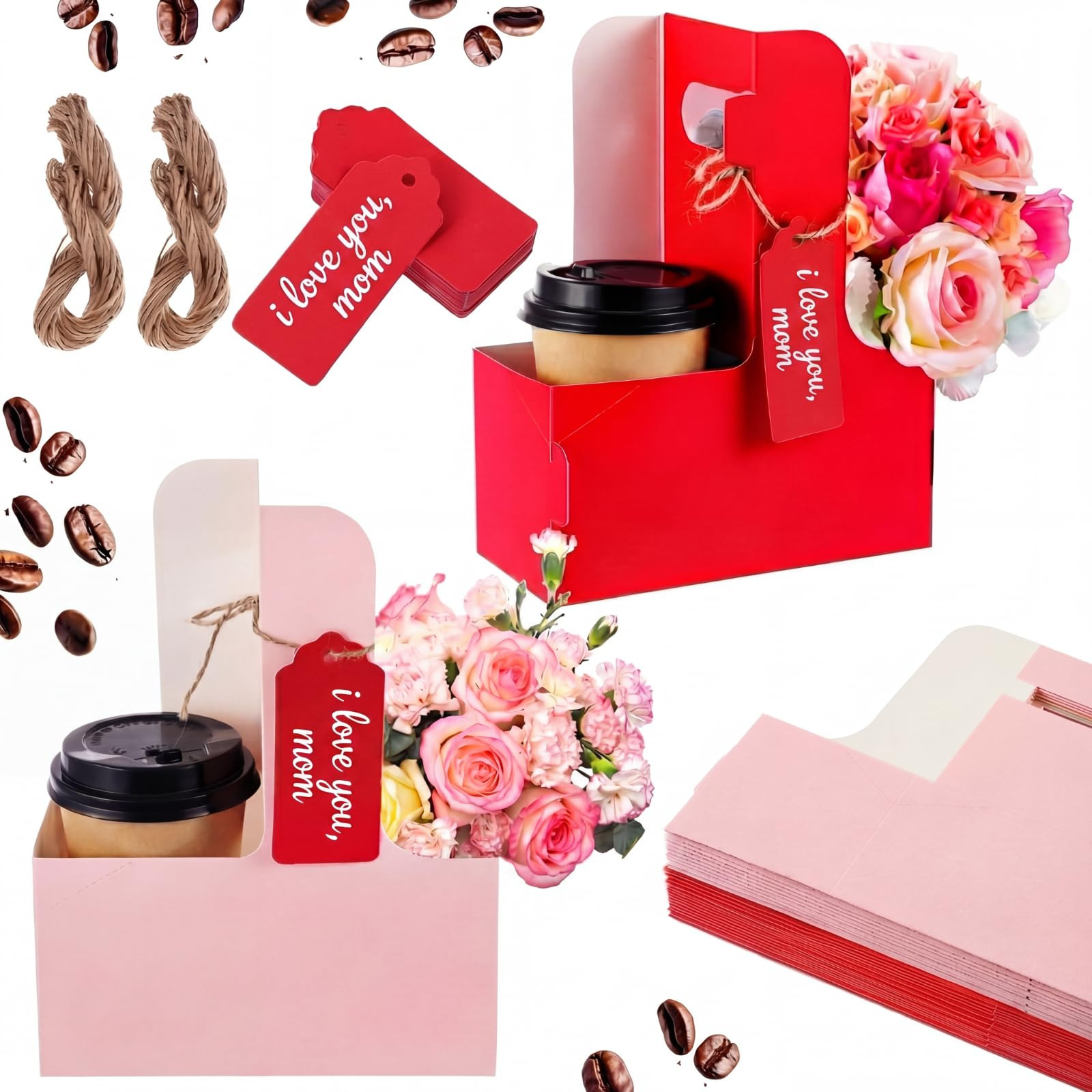 MotiMind 20 Pack Mother's Day 2 Cup Drink Carrier with Handle, Kraft Paperboard Teacher Cup Holder Portable for Hot Cold Drinks, Coffee Carrier Gift with Heart Card Rope (Red,Pink) | Amazon (US)