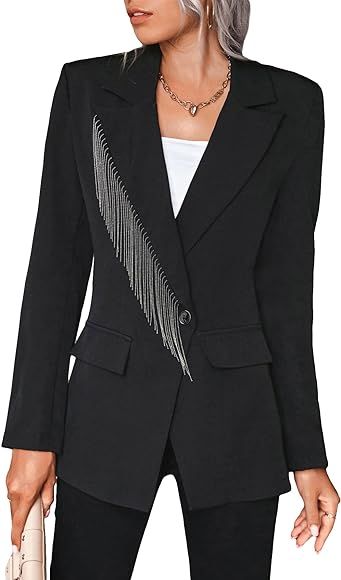 WDIRARA Women's Fringe Trim Blazer Single Breasted Long Sleeve Lapel Party Jacket | Amazon (US)