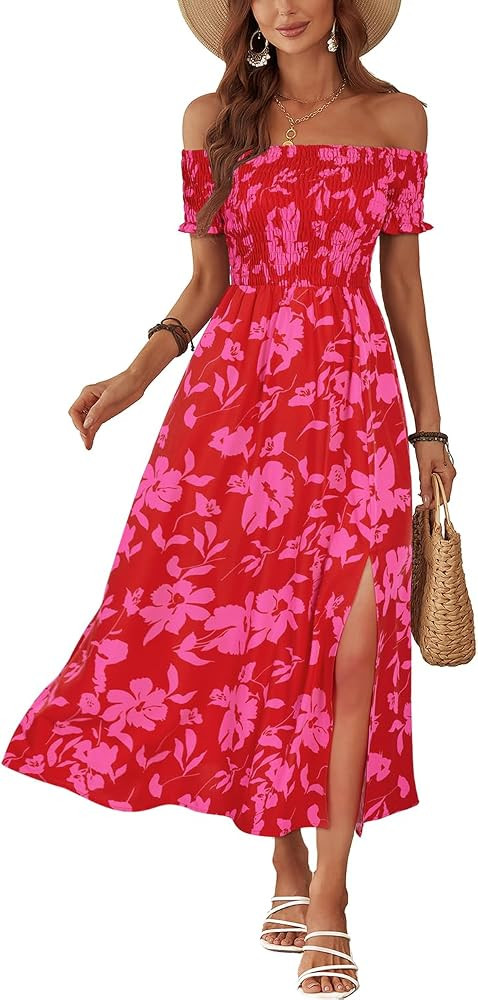 STYLEWORD Women Summer Off Shoulder Bohemian Maxi Dress Ruffle Short Sleeves Floral Casual Split ... | Amazon (CA)