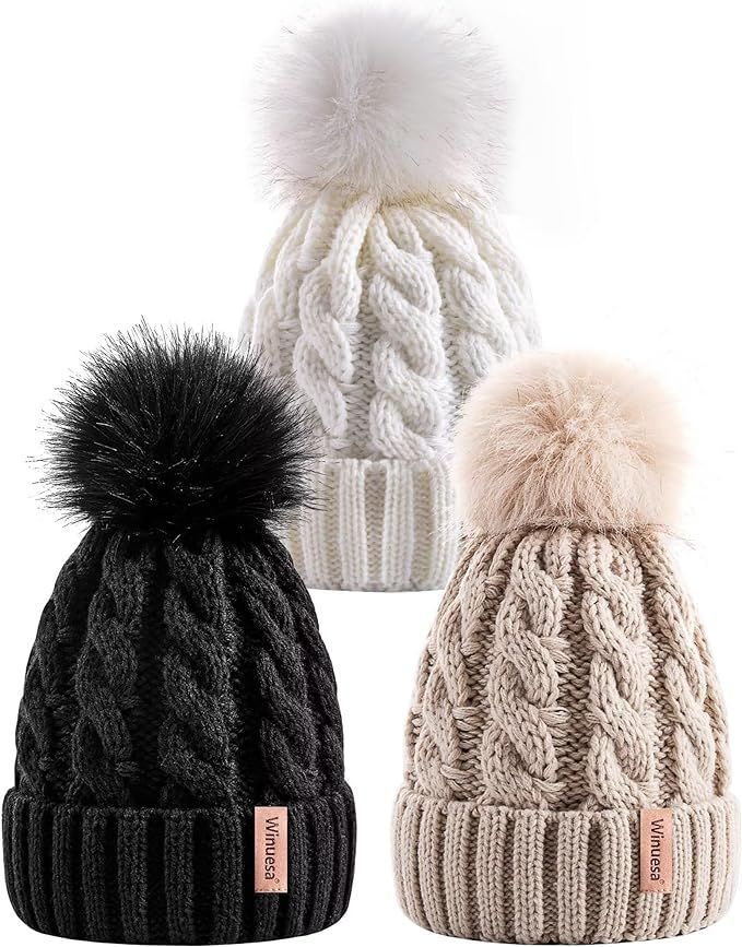 3 PCS Womens Beanie with Pom Pom, Knit Beanie Hats for Women Winter and Fall, Fashionable Warm Wi... | Amazon (US)