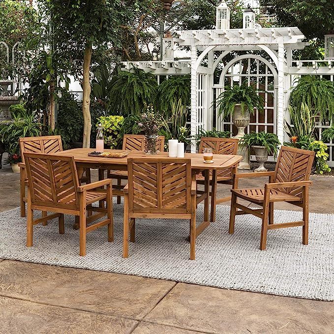 Walker Edison 6 Person Outdoor Wood Chevron Patio Furniture Dining Set Extendable Table Chairs Al... | Amazon (US)