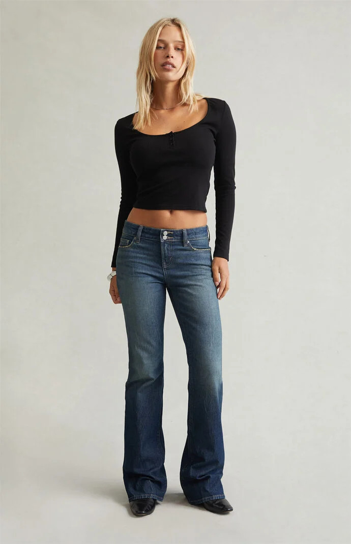 Women's Jade Low Rise Bootcut Jeans Stretch Tinted Dark Blue in Dark Indigo - Size 25 | PacSun