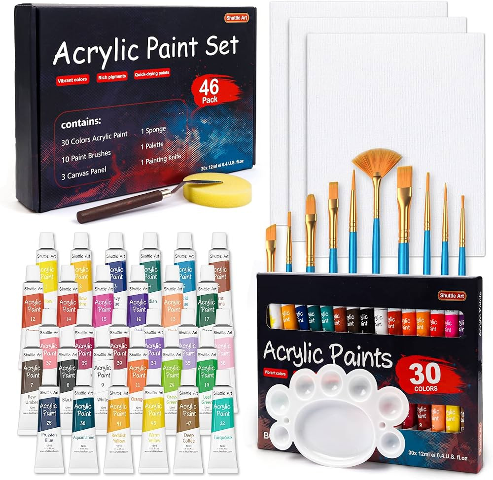 Shuttle Art 46 Pack Acrylic Paint Set, 30 Colors Acrylic Paint with 10 Paint Brushes 3 Painting C... | Amazon (US)