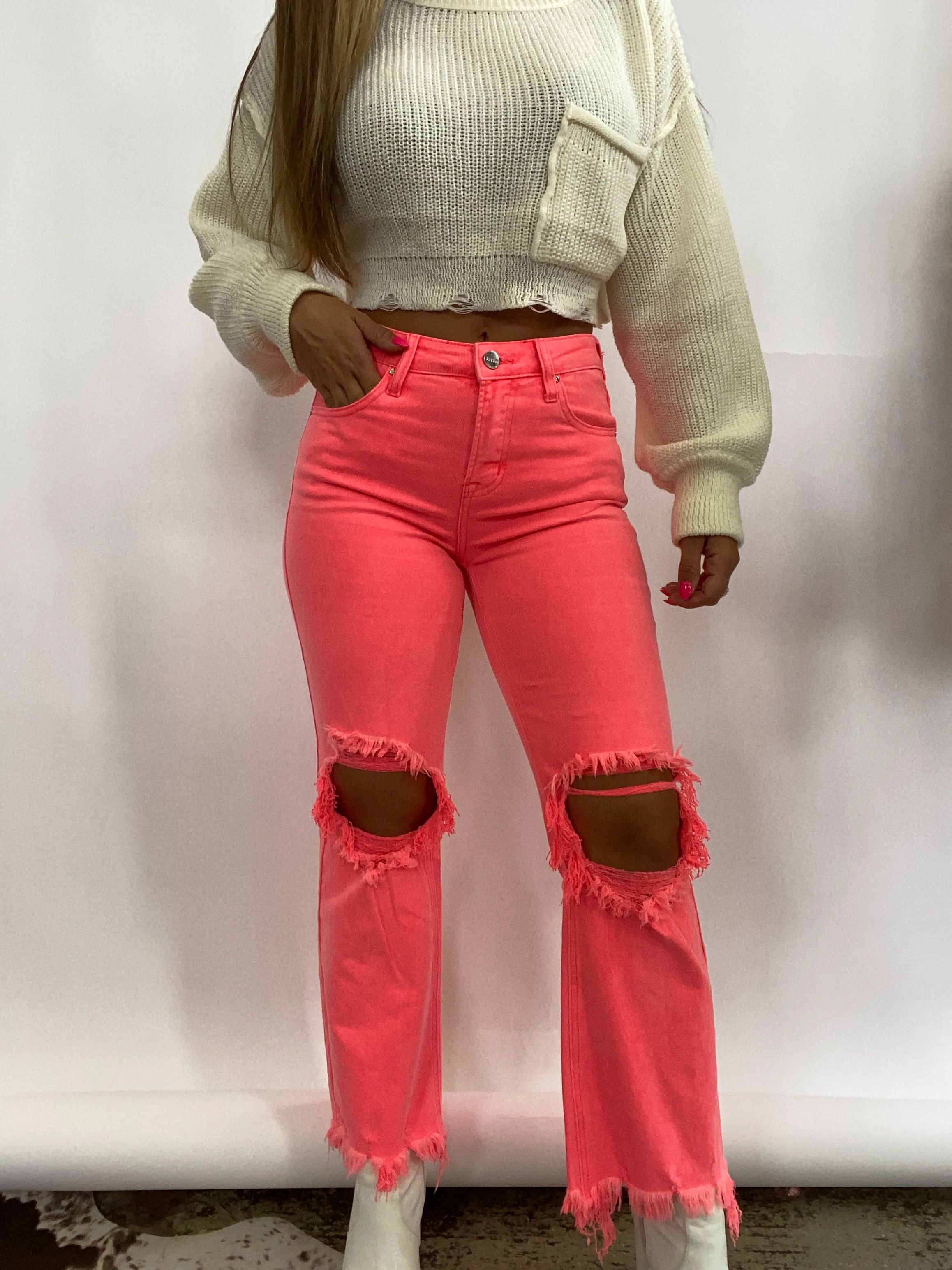 Coral High Rise Wide Leg Distressed Risen Jeans | Willow Boutique